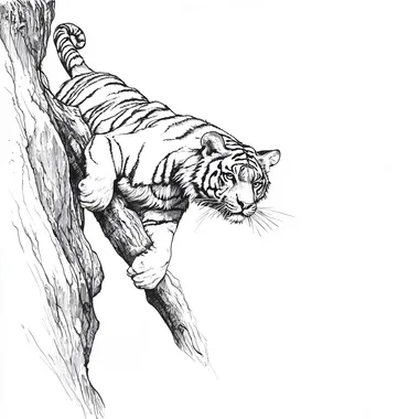 black and white, line drawing, full body tiger climbing