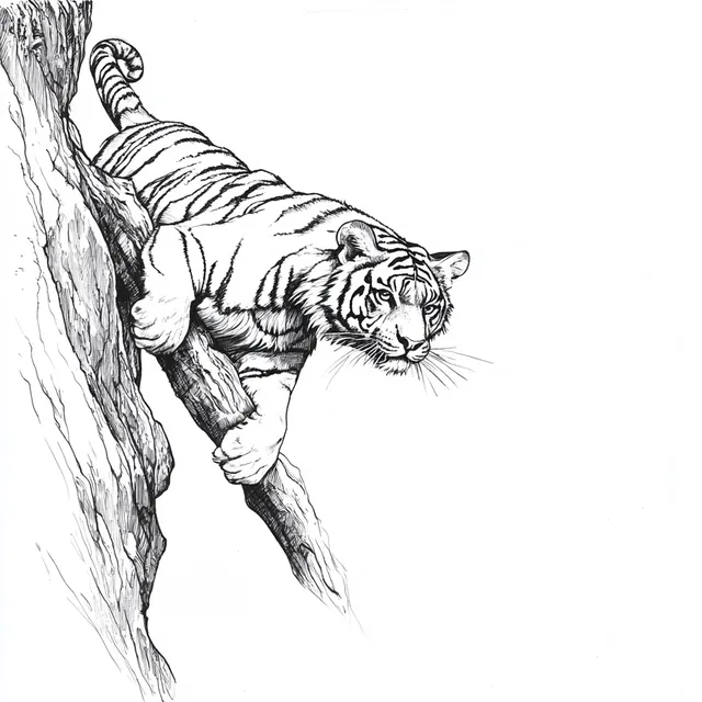 a drawing of a tiger climbing a tree
