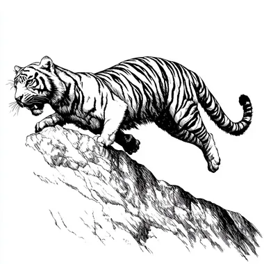 black and white, line drawing, full body tiger climbing
