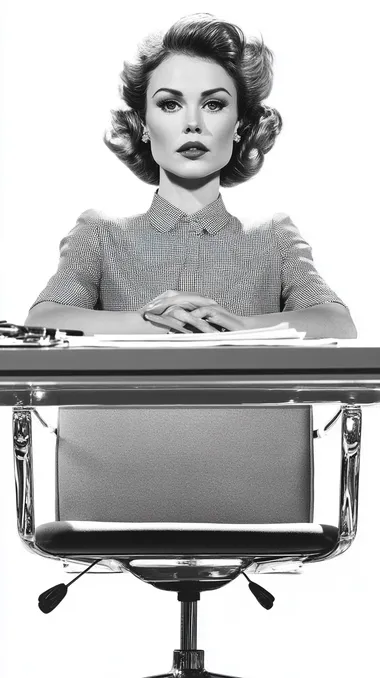 black and white surreal retro pop art collage of retro business woman sitting behind a mid century modern desk and chair on a white background