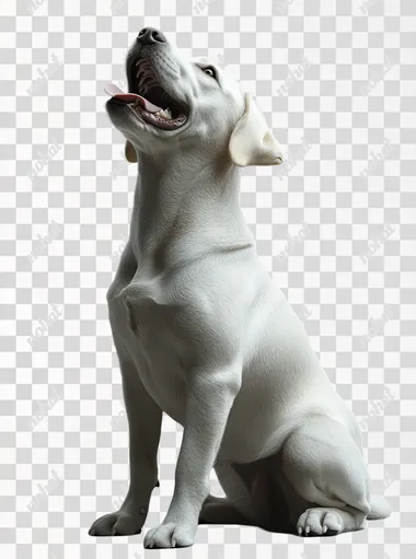 Photorealistic photograph of an adult female Labrador Retriever sitting on the floor, looking up with mouth open and tongue out in profile view against a gray background, full-body shot, side lighting, studio photography, soft light, professional color grading, clear, sharp focus, stock photograph.