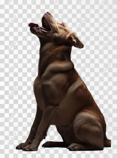 Photorealistic photograph of an adult female Labrador Retriever sitting on the floor, looking up with mouth open and tongue out in profile view against a gray background, full-body shot, side lighting, studio photography, soft light, professional color grading, clear, sharp focus, stock photograph.