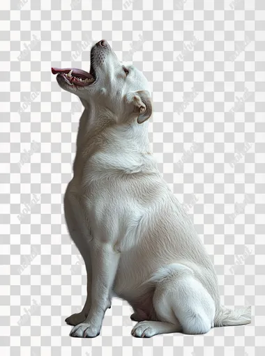 Photorealistic photograph of an adult female Labrador Retriever sitting on the floor, looking up with mouth open and tongue out in profile view against a gray background, full-body shot, side lighting, studio photography, soft light, professional color grading, clear, sharp focus, stock photograph.