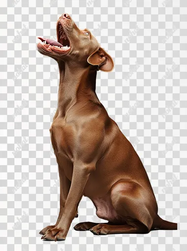 Photorealistic photograph of an adult female Labrador Retriever sitting on the floor, looking up with mouth open and tongue out in profile view against a gray background, full-body shot, side lighting, studio photography, soft light, professional color grading, clear, sharp focus, stock photograph.