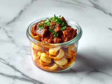 Realistic food photography of a Hungarian goulash on orecchiette pasta with parsley in a jar. Indulge in the flavors of traditional Hungarian cuisine in a unique way. Tender beef in a spicy paprika-tomato sauce, served on al dente orecchiette pasta and topped with fresh parsley. This dish is a must-have for your catering event, conveniently packaged in a jar. Discover the diversity of Hungarian cuisine and let this delicious combination tempt your taste buds.A minimalist food presentation, isolated on a white background, with the focus entirely on the dish, A 45-degree angle view of the dish, presenting it in a natural perspective as if placed on a dining table, highlighting depth and texture, The dish is placed on an elegant marble surface, giving it a refined and luxurious touch