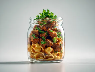 Realistic food photography of a Hungarian goulash on orecchiette pasta with parsley in a jar. Indulge in the flavors of traditional Hungarian cuisine in a unique way. Tender beef in a spicy paprika-tomato sauce, served on al dente orecchiette pasta and topped with fresh parsley. This dish is a must-have for your catering event, conveniently packaged in a jar. Discover the diversity of Hungarian cuisine and let this delicious combination tempt your taste buds.A minimalist food presentation, isolated on a white background, with the focus entirely on the dish, A 45-degree angle view of the dish, presenting it in a natural perspective as if placed on a dining table, highlighting depth and texture, The dish is placed on an elegant marble surface, giving it a refined and luxurious touch