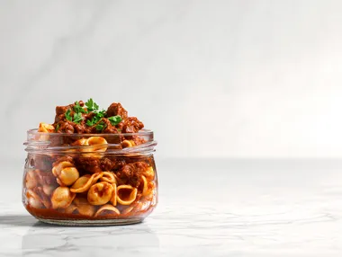 Realistic food photography of a Hungarian goulash on orecchiette pasta with parsley in a jar. Indulge in the flavors of traditional Hungarian cuisine in a unique way. Tender beef in a spicy paprika-tomato sauce, served on al dente orecchiette pasta and topped with fresh parsley. This dish is a must-have for your catering event, conveniently packaged in a jar. Discover the diversity of Hungarian cuisine and let this delicious combination tempt your taste buds.A minimalist food presentation, isolated on a white background, with the focus entirely on the dish, A 45-degree angle view of the dish, presenting it in a natural perspective as if placed on a dining table, highlighting depth and texture, The dish is placed on an elegant marble surface, giving it a refined and luxurious touch