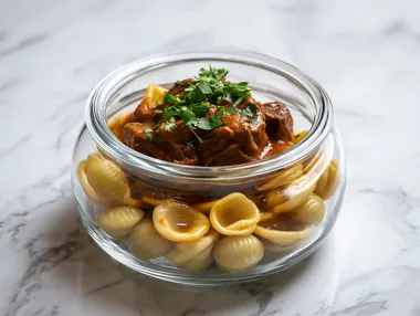 Realistic food photography of a Hungarian goulash on orecchiette pasta with parsley in a jar. Indulge in the flavors of traditional Hungarian cuisine in a unique way. Tender beef in a spicy paprika-tomato sauce, served on al dente orecchiette pasta and topped with fresh parsley. This dish is a must-have for your catering event, conveniently packaged in a jar. Discover the diversity of Hungarian cuisine and let this delicious combination tempt your taste buds.A minimalist food presentation, isolated on a white background, with the focus entirely on the dish, A 45-degree angle view of the dish, presenting it in a natural perspective as if placed on a dining table, highlighting depth and texture, The dish is placed on an elegant marble surface, giving it a refined and luxurious touch