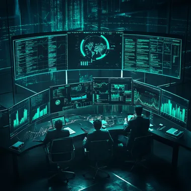 a realistic team working over screens full of graphs and data. Simple. Mint green lights, dark background.