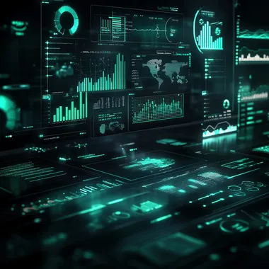 a realistic team working over screens full of graphs and data. Simple. Mint green lights, dark background.
