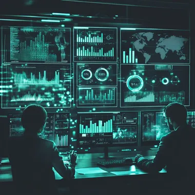 a realistic team working over screens full of graphs and data. Simple. Mint green lights, dark background.