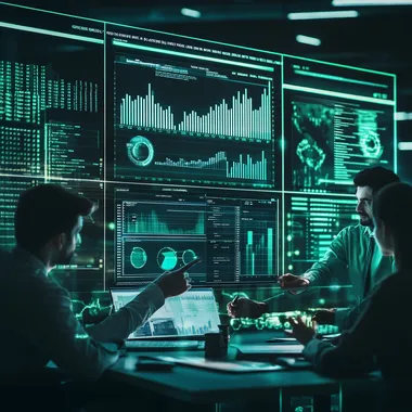 a realistic team working over screens full of graphs and data. Simple. Mint green lights, dark background.