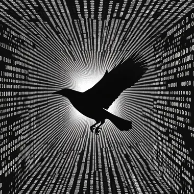 Create an image of matrix style coding running in columns vertically, as if an optical illusion use that same coding look to create an outline of a crow with its wings spread out as if taking off in flight. s 650 c 7