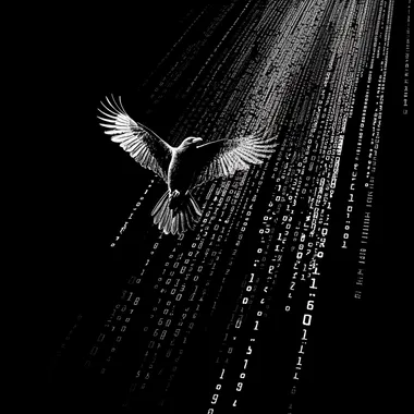 Create an image of matrix style coding running in columns vertically, as if an optical illusion use that same coding look to create an outline of a crow with its wings spread out as if taking off in flight. s 650 c 7