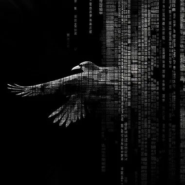 Create an image of matrix style coding running in columns vertically, as if an optical illusion use that same coding look to create an outline of a crow with its wings spread out as if taking off in flight. s 650 c 7