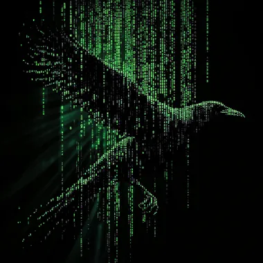 Create an image of matrix style coding running in columns vertically, as if an optical illusion use that same coding look to create an outline of a crow with its wings spread out as if taking off in flight. s 650 c 7