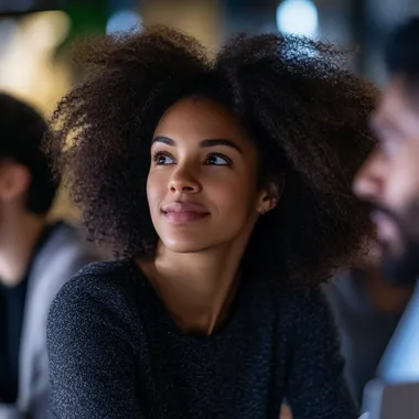 Create 4D realistic image of a professional cybersecurity team of staff, showcasing expertise, collaboration and unity. Image of a black woman with afro sitting with team in front of a computer discussing innovative cybersecurity with diverse team members