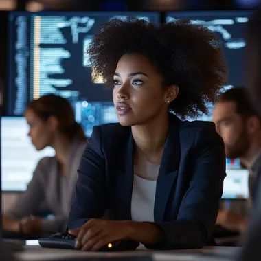 Create 4D realistic image of a professional cybersecurity team of staff, showcasing expertise, collaboration and unity. Image of a black woman with afro sitting with team in front of a computer discussing innovative cybersecurity with diverse team members