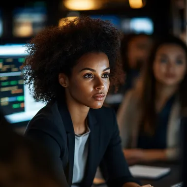 Create 4D realistic image of a professional cybersecurity team of staff, showcasing expertise, collaboration and unity. Image of a black woman with afro sitting with team in front of a computer discussing innovative cybersecurity with diverse team members