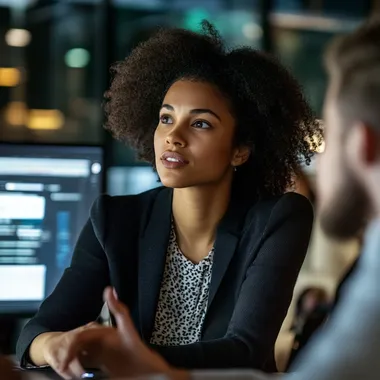 Create 4D realistic image of a professional cybersecurity team of staff, showcasing expertise, collaboration and unity. Image of a black woman with afro sitting with team in front of a computer discussing innovative cybersecurity with diverse team members