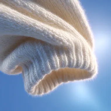 A photorealistic close-up of a single high-end white wool sweater, elegantly unfurled and floating mid-air, gently rotating to reveal its luxurious, fluffy, and glossy surface with a subtly pronounced knit texture. The sweater radiates refined elegance, tactile warmth, and a comforting sense of cleanliness and safety, emitting a soft, warm glow that enhances its inviting appeal. Set against a minimalist blue gradient background with delicate halo effects, it is illuminated by soft, natural side lighting that accentuates the sweaters contours, rich texture, and pristine sheen. The ultra-crisp imagery, in a high-end commercial photography style, delivers a fresh, modern aesthetic in high resolution. --raw