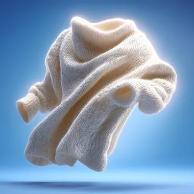 A photorealistic close-up of a single high-end white wool sweater, elegantly unfurled and floating mid-air, gently rotating to reveal its luxurious, fluffy, and glossy surface with a subtly pronounced knit texture. The sweater radiates refined elegance, tactile warmth, and a comforting sense of cleanliness and safety, emitting a soft, warm glow that enhances its inviting appeal. Set against a minimalist blue gradient background with delicate halo effects, it is illuminated by soft, natural side lighting that accentuates the sweaters contours, rich texture, and pristine sheen. The ultra-crisp imagery, in a high-end commercial photography style, delivers a fresh, modern aesthetic in high resolution. --raw