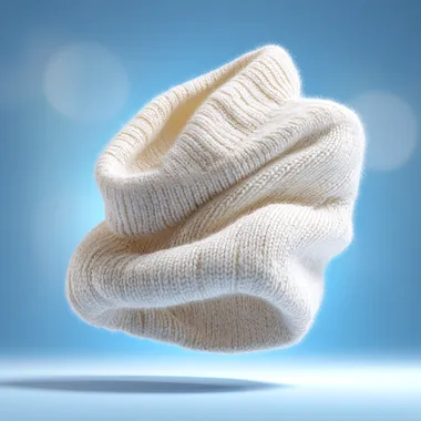 A photorealistic close-up of a single high-end white wool sweater, elegantly unfurled and floating mid-air, gently rotating to reveal its luxurious, fluffy, and glossy surface with a subtly pronounced knit texture. The sweater radiates refined elegance, tactile warmth, and a comforting sense of cleanliness and safety, emitting a soft, warm glow that enhances its inviting appeal. Set against a minimalist blue gradient background with delicate halo effects, it is illuminated by soft, natural side lighting that accentuates the sweaters contours, rich texture, and pristine sheen. The ultra-crisp imagery, in a high-end commercial photography style, delivers a fresh, modern aesthetic in high resolution. --raw