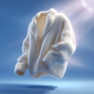 A photorealistic close-up of a single high-end white wool sweater, elegantly unfurled and floating mid-air, gently rotating to reveal its luxurious, fluffy, and glossy surface with a subtly pronounced knit texture. The sweater radiates refined elegance, tactile warmth, and a comforting sense of cleanliness and safety, emitting a soft, warm glow that enhances its inviting appeal. Set against a minimalist blue gradient background with delicate halo effects, it is illuminated by soft, natural side lighting that accentuates the sweaters contours, rich texture, and pristine sheen. The ultra-crisp imagery, in a high-end commercial photography style, delivers a fresh, modern aesthetic in high resolution. --raw