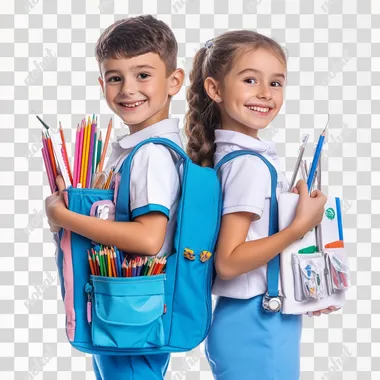 the realisitic photo of the boy and the girl, standing back to back looking at the camera, Cute smiling boy holding school supplies with a backpack full of colorful pencils in hands, cute smiling the girl is wearing dentist uniform and holding dental supplies, clear transparent white background , 200mm lens