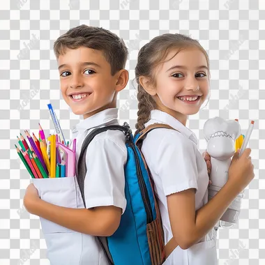the realisitic photo of the boy and the girl, standing back to back looking at the camera, Cute smiling boy holding school supplies with a backpack full of colorful pencils in hands, cute smiling the girl is wearing dentist uniform and holding dental supplies, clear transparent white background , 200mm lens
