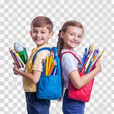 the realisitic photo of the boy and the girl, standing back to back looking at the camera, Cute smiling boy holding school supplies with a backpack full of colorful pencils in hands, cute smiling the girl is wearing dentist uniform and holding dental supplies, clear transparent white background , 200mm lens
