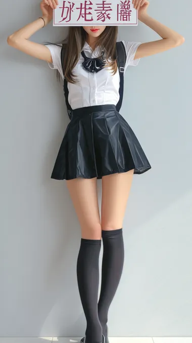 photo of young tall girl with long smooth legs, slim figure, school uniform, playful pose, face obscured by sign, unrecognizable, accurate and detailed, glossy photo, gongbi, smooth and shiny, high definition, soft and rounded forms  rofile 8j3oe9m
