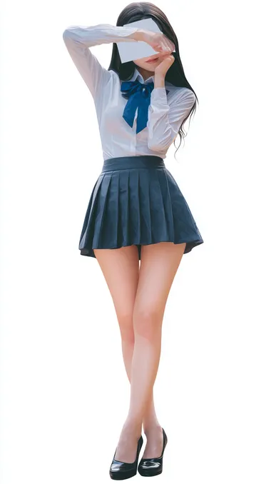 photo of young tall girl with long smooth legs, slim figure, school uniform, playful pose, face obscured by sign, unrecognizable, accurate and detailed, glossy photo, gongbi, smooth and shiny, high definition, soft and rounded forms  rofile 8j3oe9m