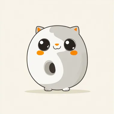 A super cute and round animal (cat or puppy) shaped like the letter 'O', in a minimalistic cartoon style. The character has a perfectly circular body, big expressive eyes, a sweet happy or surprised face, and tiny adorable paws. The design is simple, joyful, and heartwarming, evoking trust and positive emotions. Bright, soft colors, clean lines, no excessive details. The expression is cheerful and innocent, making you smile instantly. Stylized 2D illustration, reminiscent of a children's book or a friendly mascot.