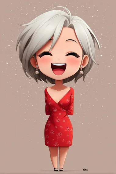 chibi style full-body portrait of a younger, more adorable short-haired girl with minimal, neat and slightly wavy silver hair, big eyes, small mouth, cute and joyful expression with a big laugh, wearing a red dress with subtle leaf patterns, pastel colors, simple background, with a pair of earrings  rofile nulzlsw
