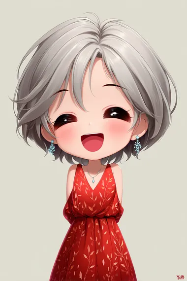 chibi style full-body portrait of a younger, more adorable short-haired girl with minimal, neat and slightly wavy silver hair, big eyes, small mouth, cute and joyful expression with a big laugh, wearing a red dress with subtle leaf patterns, pastel colors, simple background, with a pair of earrings  rofile nulzlsw