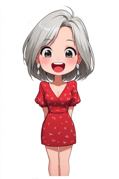 chibi style full-body portrait of a younger, more adorable short-haired girl with minimal, neat and slightly wavy silver hair, big eyes, small mouth, cute and joyful expression with a big laugh, wearing a red dress with subtle leaf patterns, pastel colors, simple background, with a pair of earrings  rofile nulzlsw