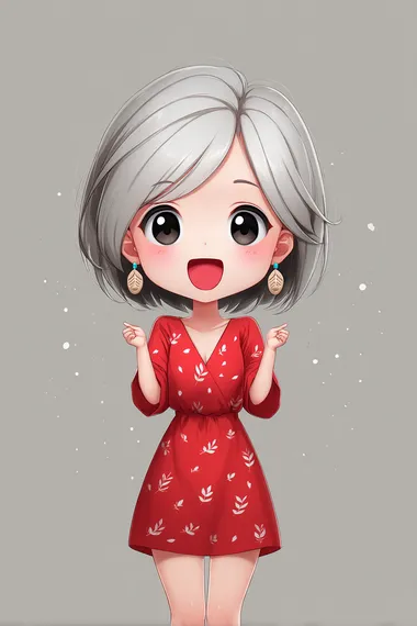 chibi style full-body portrait of a younger, more adorable short-haired girl with minimal, neat and slightly wavy silver hair, big eyes, small mouth, cute and joyful expression with a big laugh, wearing a red dress with subtle leaf patterns, pastel colors, simple background, with a pair of earrings  rofile nulzlsw