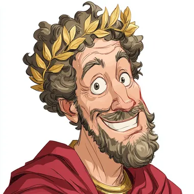 Marcus Aurelius with a smile on his face, a golden wreath on his head, a red cape on his back, in a cartoon style