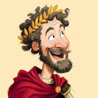 Marcus Aurelius with a smile on his face, a golden wreath on his head, a red cape on his back, in a cartoon style