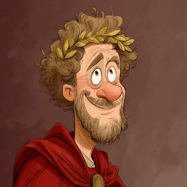 Marcus Aurelius with a smile on his face, a golden wreath on his head, a red cape on his back, in a cartoon style