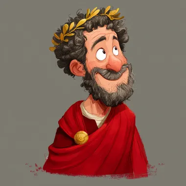 Marcus Aurelius with a smile on his face, a golden wreath on his head, a red cape on his back, in a cartoon style