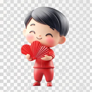 20111831 90 A 3D character waving with a heart-shaped fan in their hand on a white background
