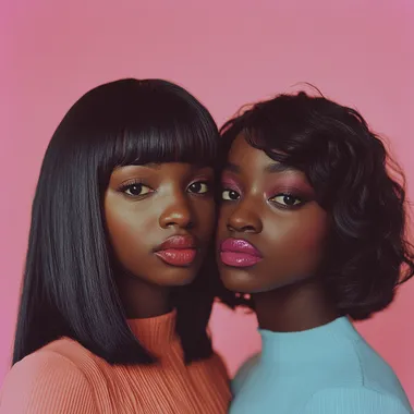 a hyper realistic photograph of two 20 year old girls. Use a flat pink colour background, mid length framing, remberant lighting on both the girls. One girl has dark skin colour and the other wheatish skin tone. They are wearing bright colour tops, bright colour lipstick and eyeliner. The dark skin colour girl has straight black hair which are free flowing and the other girl has dark brown, short curly hair. Naturalistic pose, exquisite details, shot on Fujifilm Velvia film, shot on a 35mm F2.8 lens.