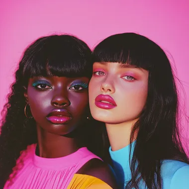 a hyper realistic photograph of two 20 year old girls. Use a flat pink colour background, mid length framing, remberant lighting on both the girls. One girl has dark skin colour and the other wheatish skin tone. They are wearing bright colour tops, bright colour lipstick and eyeliner. The dark skin colour girl has straight black hair which are free flowing and the other girl has dark brown, short curly hair. Naturalistic pose, exquisite details, shot on Fujifilm Velvia film, shot on a 35mm F2.8 lens.