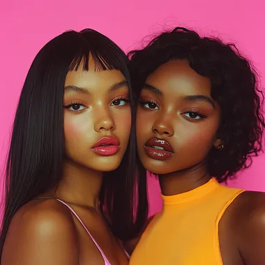 a hyper realistic photograph of two 20 year old girls. Use a flat pink colour background, mid length framing, remberant lighting on both the girls. One girl has dark skin colour and the other wheatish skin tone. They are wearing bright colour tops, bright colour lipstick and eyeliner. The dark skin colour girl has straight black hair which are free flowing and the other girl has dark brown, short curly hair. Naturalistic pose, exquisite details, shot on Fujifilm Velvia film, shot on a 35mm F2.8 lens.