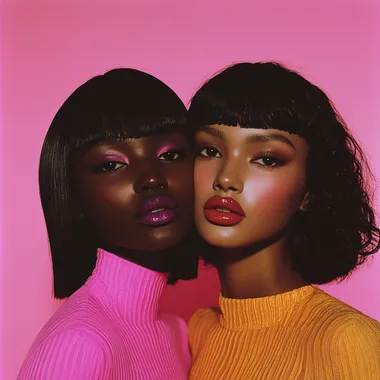 a hyper realistic photograph of two 20 year old girls. Use a flat pink colour background, mid length framing, remberant lighting on both the girls. One girl has dark skin colour and the other wheatish skin tone. They are wearing bright colour tops, bright colour lipstick and eyeliner. The dark skin colour girl has straight black hair which are free flowing and the other girl has dark brown, short curly hair. Naturalistic pose, exquisite details, shot on Fujifilm Velvia film, shot on a 35mm F2.8 lens.