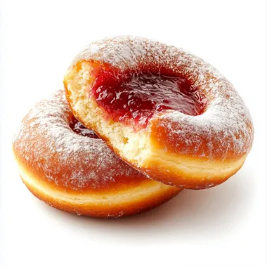 soft, fluffy, tempting, delicious round Polish doughnut, overfilled with rose jam, halved, on a white background