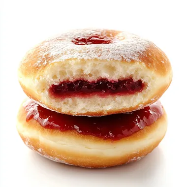 soft, fluffy, tempting, delicious round Polish doughnut, overfilled with rose jam, halved, on a white background