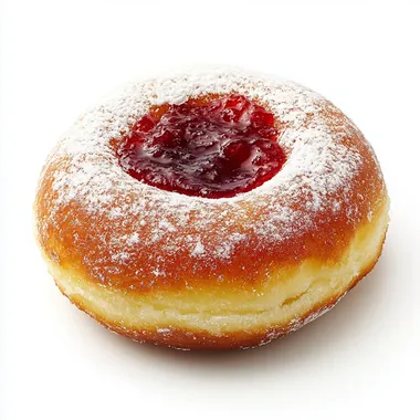soft, fluffy, tempting, delicious round Polish doughnut, overfilled with rose jam, halved, on a white background